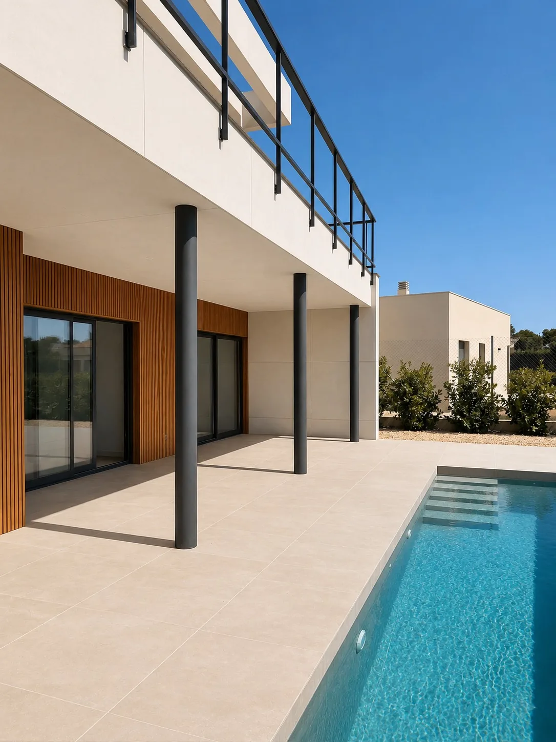 Porche cubierto con revestimiento de madera junto a la piscina
